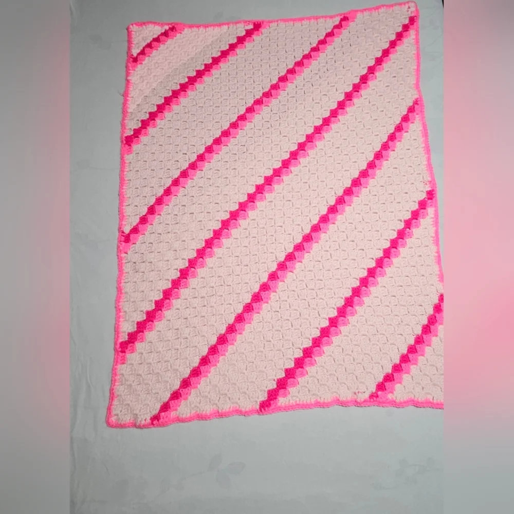 *New* Crochet afghan pink diagonal striped baby throw blanket  app. 35